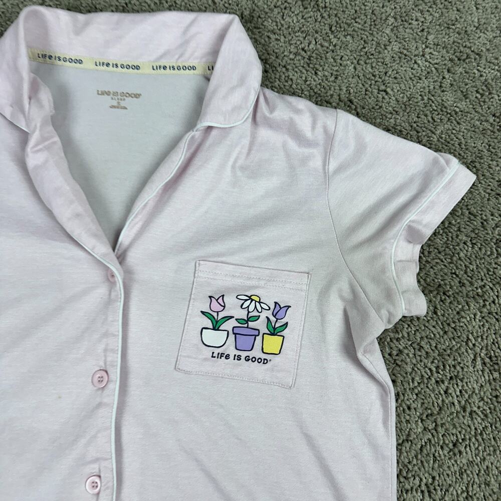 Life Is Good Top Womens S Pink Sleep Shirt Flower Pots Button Front Pajamas READ - Picture 3 of 11